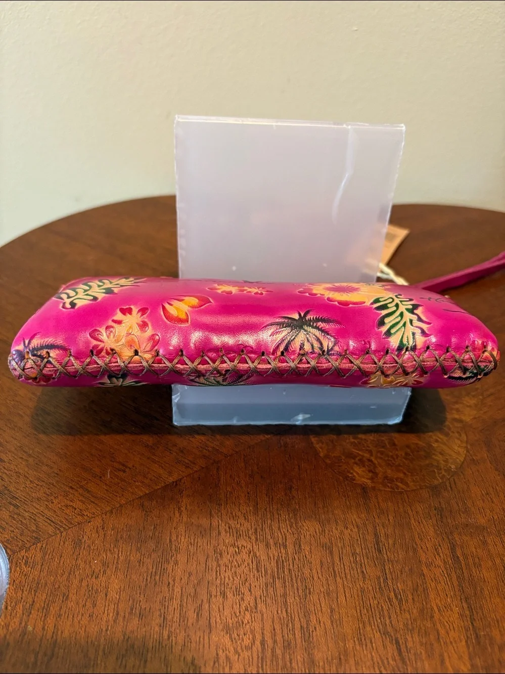 Pink Hawaiian Floral Wristlet Wallet  sunglasses case Leather Fuchsia yw  bk NWT